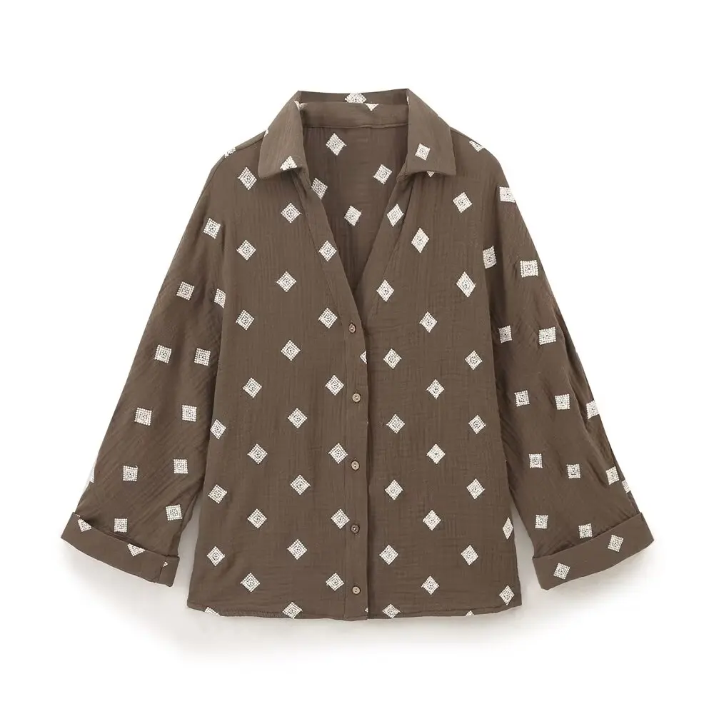 thumbnail image 1 of Conjunto de 2 piezas para mujer HH TRAF, pantalones de cintura alta con estampado elegante, bolsillos rectos y cordón ajustable + camisa bordada de un solo pecho con solapa elegante, 1 of 4