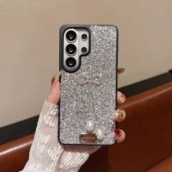 Elegant Diamond Bowknot Pearl Pendant Glitter Phone Case with Shockproof TPU Bumper - Galaxy S23 Ultra (Silver)