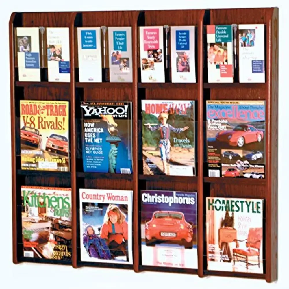 Wall Mount Brochure Magazine Display Rack Mahogany USA Made Optional Legs Dakota Wave Collection Complement 12 Magazines 24