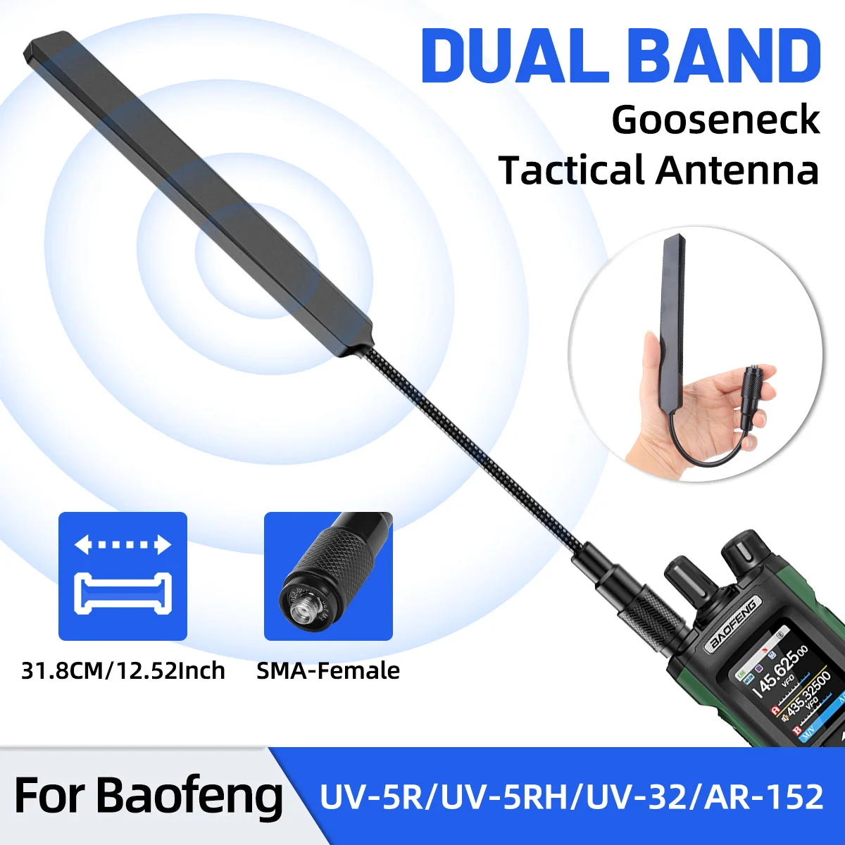ABBREE AR-188 V2 구즈넥 전술 안테나 SMA-여성형 VHF UHF ..