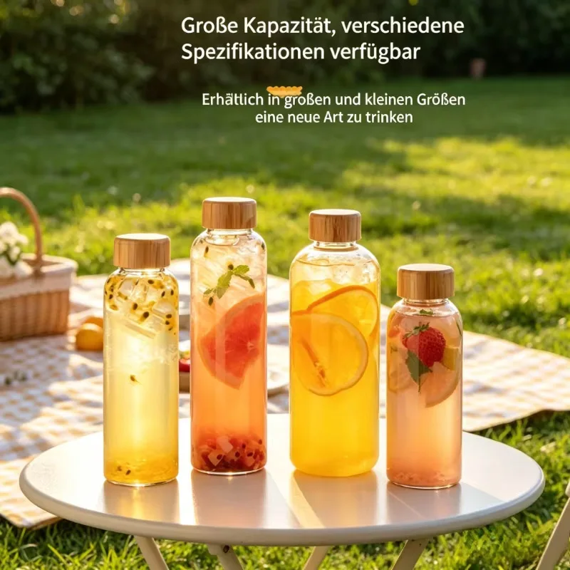 Eco-Friendly Borosilicate Glass Bottle with Bamboo Lid - Reusable, Leak-Proof, and Heat-Resistant for Travel and Beverage Storage