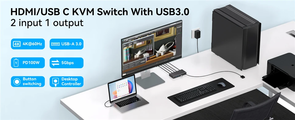 2K 120Hz Thunderbolt USB C HDMI KVM Switch 100W PD Charge Type C USB KVM Switche