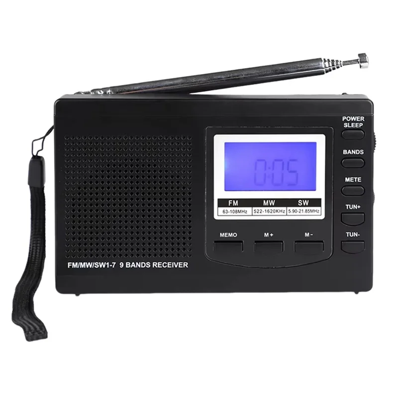 디지털 알람 시계가 있는 B48A FM 라디오 수신기 휴대용 스테레오 라디오 야외 비상용 MW/SW 블랙