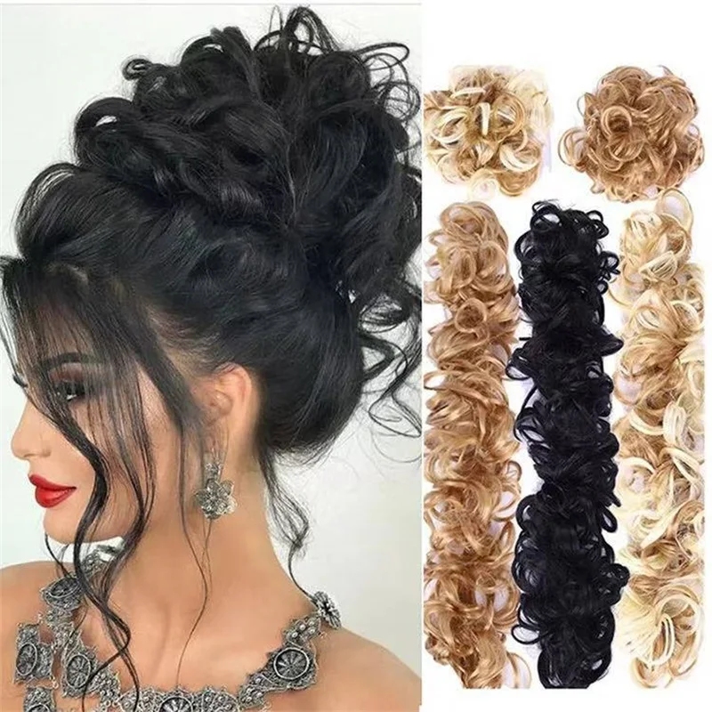 2PCS Long wig curly messy bun wrapped scrunchie elastic rubber headband