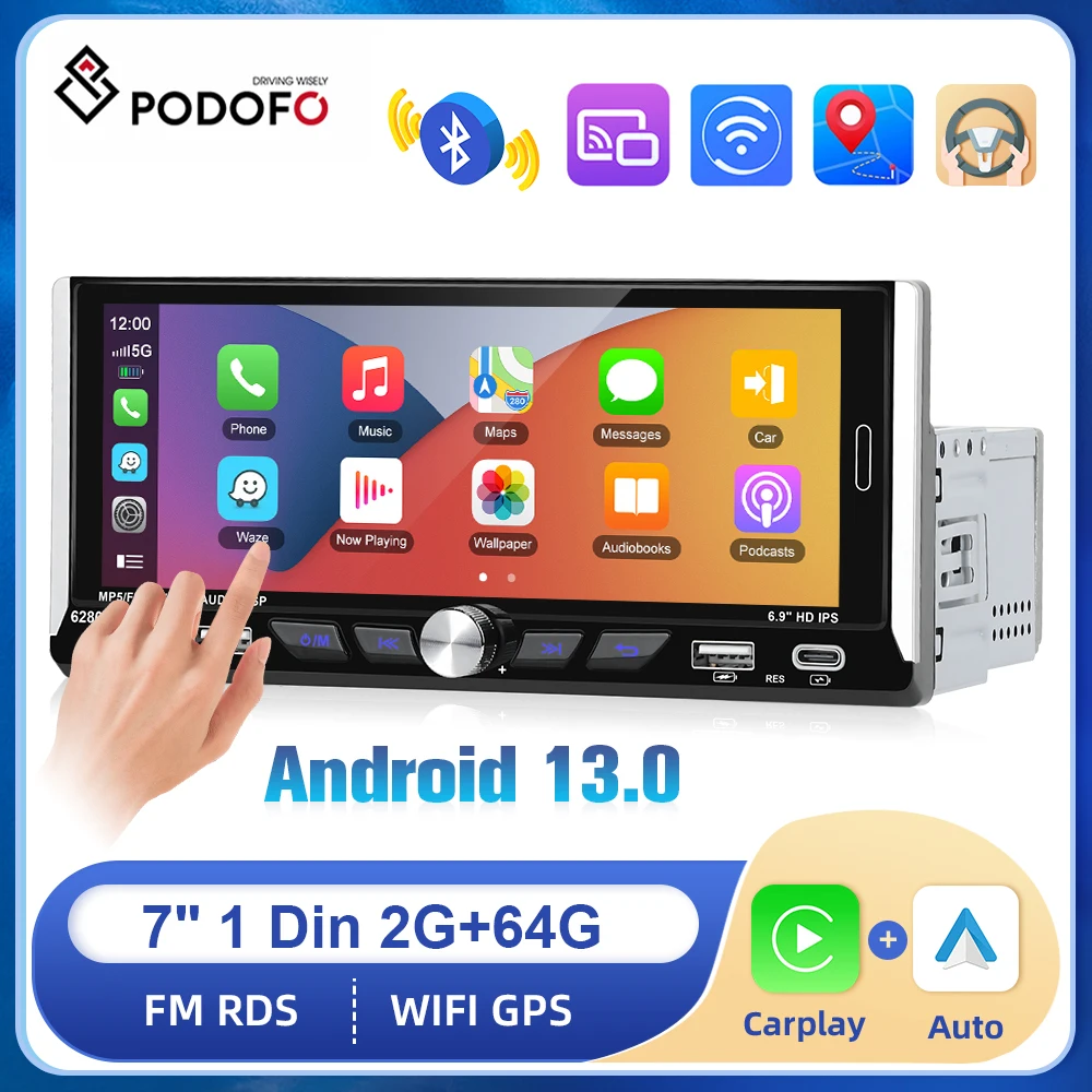 Podofo 1DIN Radio Stereo samochodowe z androidem 6.9 ''2 + 64G samochodowy odtwarzacz multimedialny bezprzewodowe Carplay Android auto Bluetooth WIFI GPS RDS Radio