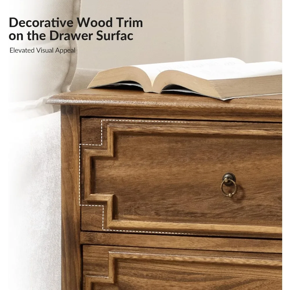 Nightstand with Charging Station, Farmhouse 24” Wide End Table with 2-Drawer & Wooden Legs, Vintage Tall Side Table, Walnut 3
