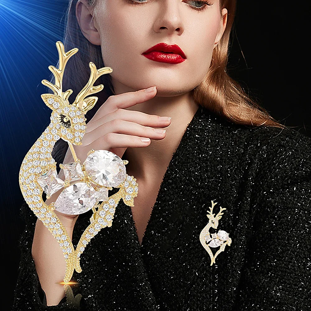Luxury Brooch for Women Full Rhinestone Deer Brooches Gold Silver Color Cute Animal Suit Lapel Pins Christmas Jewelry Gifts