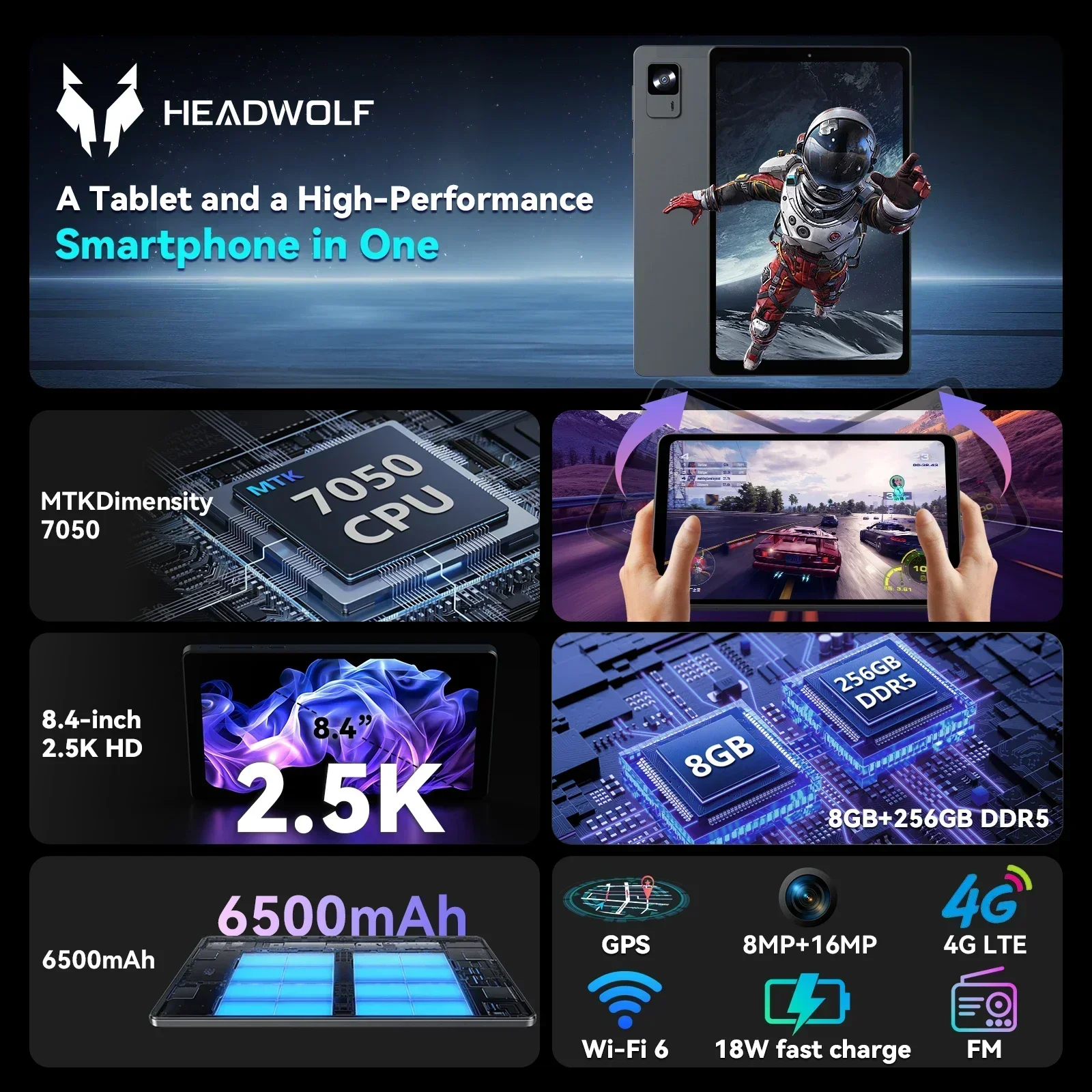 Headwolf FPad7 8 inch Android 15 Tablet 2560x1600, 16GB