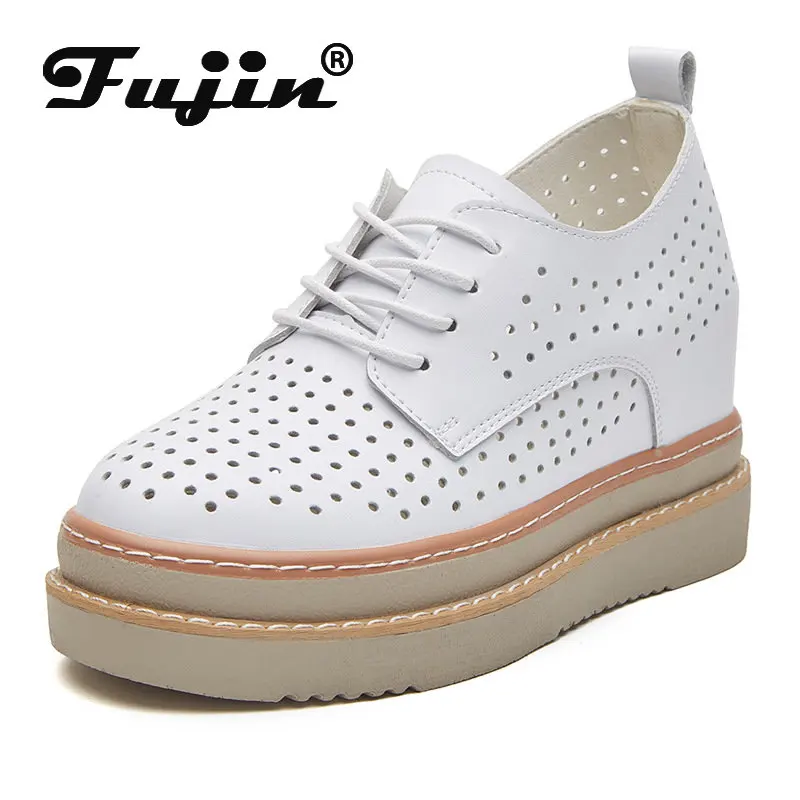 

Женские кроссовки на платформе Fujin, дышащие летние кроссовки из натуральной кожи на танкетке 7 см, повседневная обувь под платье