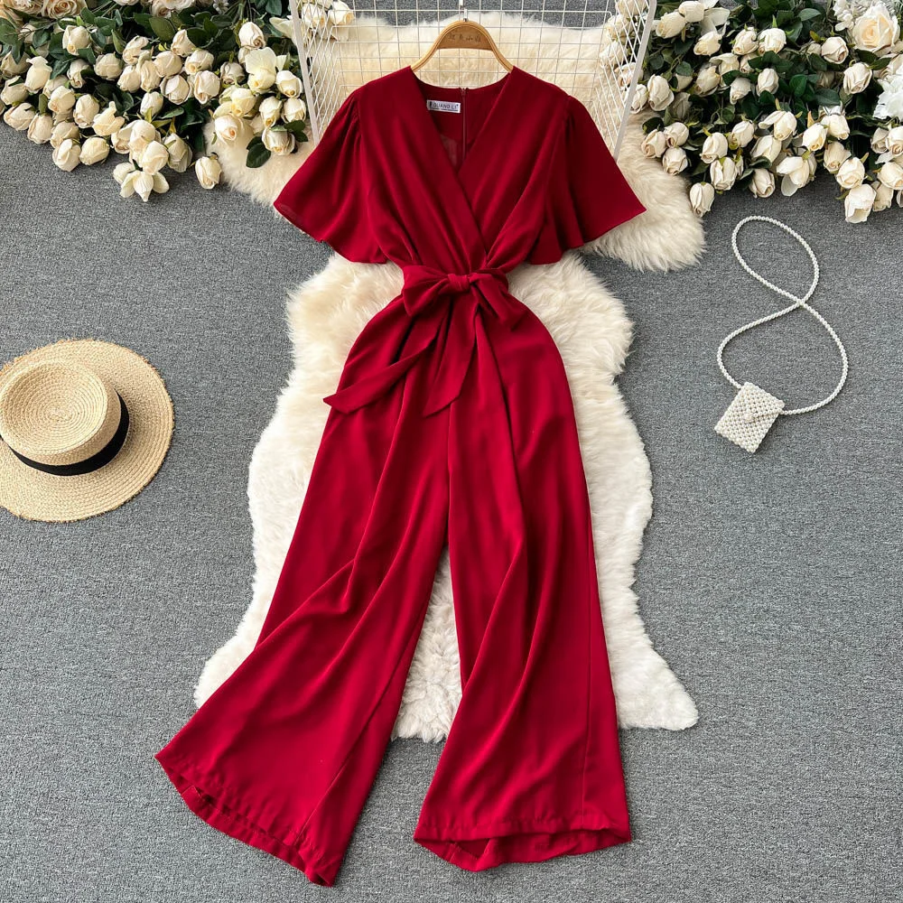 

Korean Chic Solid V-neck Lace-up Pocket Jumpsuits Women Elegant Wide Leg Pants Back Zip Short Sleeve 2023 New Summer