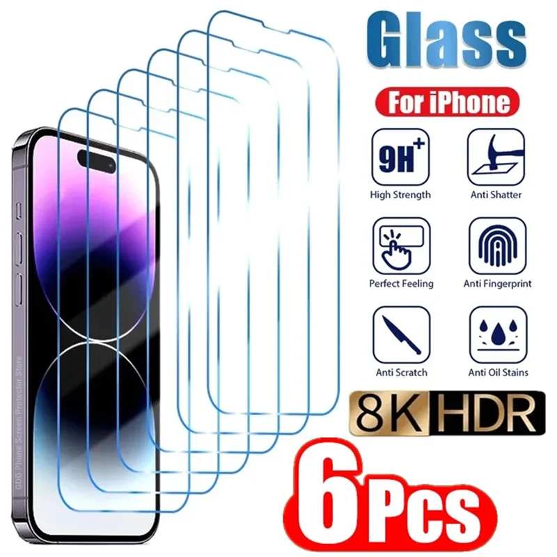 

6Pcs Protective Glass for iPhone 14 13 12 11 15 Pro Max Mini Screen Protector for iPhone 7 8 15 Plus XR X XS MAX Tempered Glass