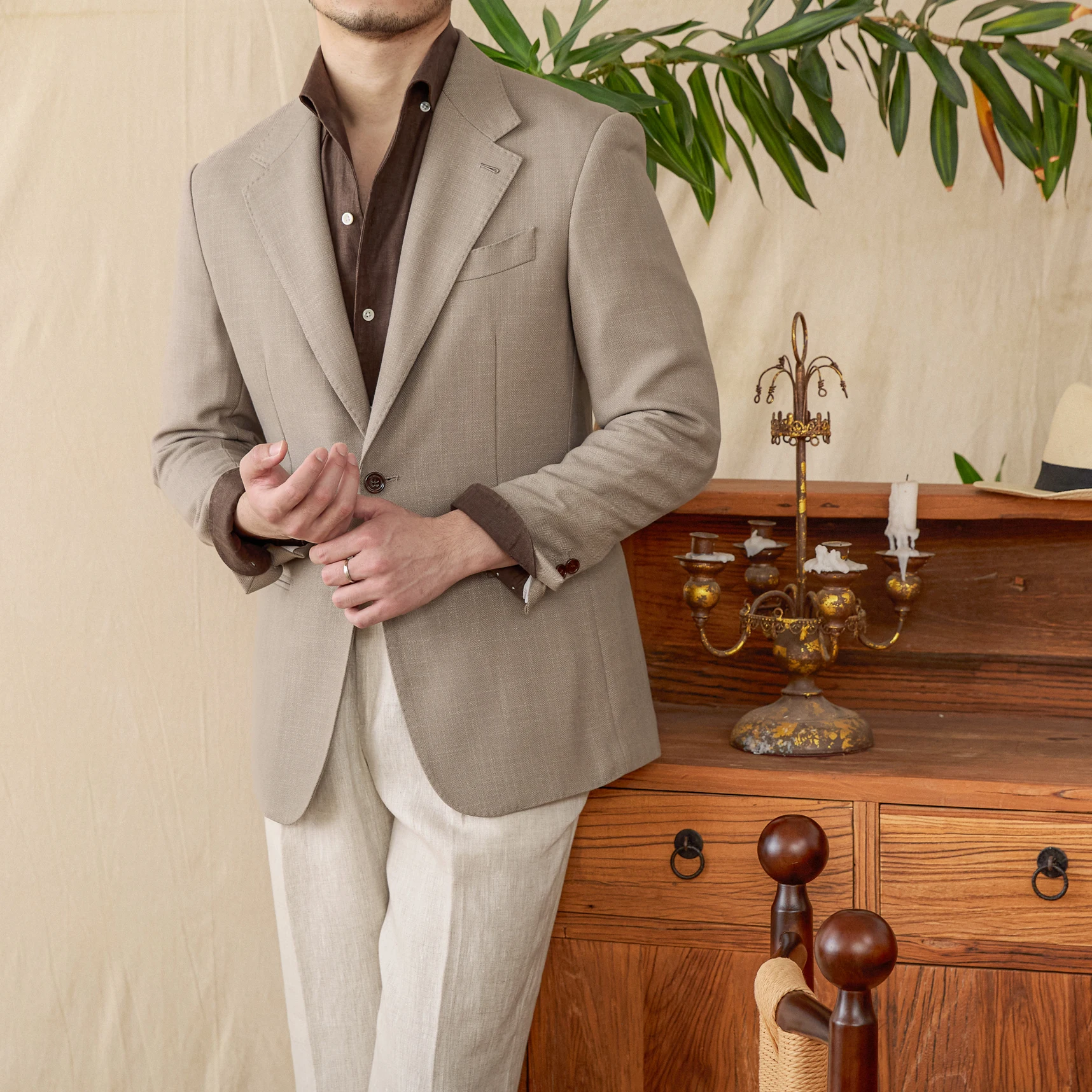 Deer Sanxian Business-style Relaxation Non-ironing Linen Tencel Blended Herringbone Pattern Suit Jacket Men's Casual Suit Trendy