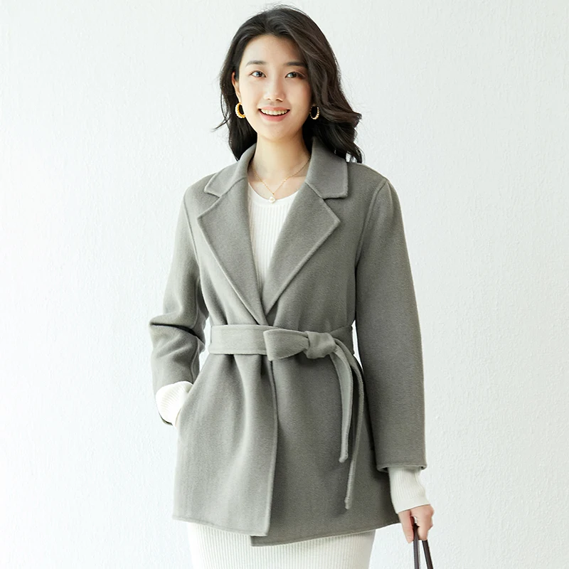 New Double-Sided Cashmere Coat Women's Long Autumn And Winter High-End Slim Waist Lace-Up Woolen Coat