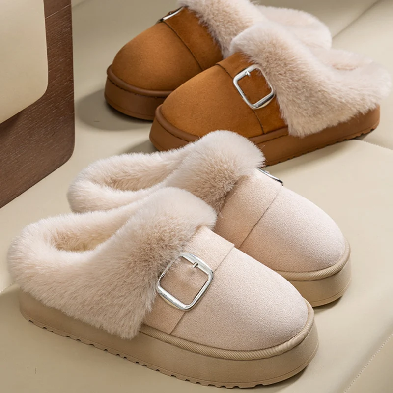 Khaki Faux Suede Fluffy Slippers Women Round Toe Thick Bottom Fur Slippers Woman Comfortable Warm Indoor Bedroom Shoes Ladies