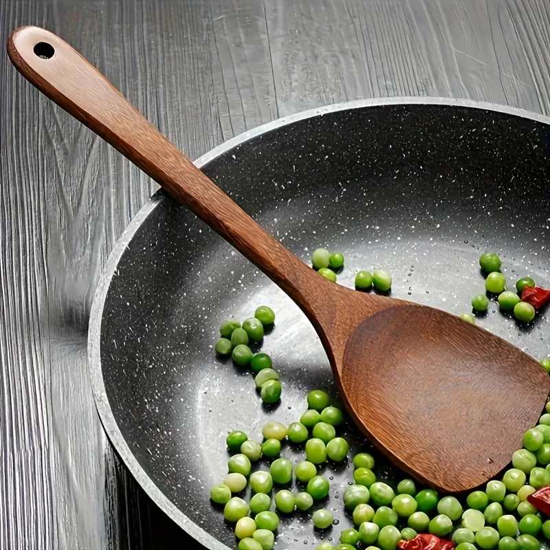 Natural Teak Wood Kitchen Utensil Set Wooden Cooking Tools with Holder Ideal for Healthy Non - Stick Cookware Cooking - 5