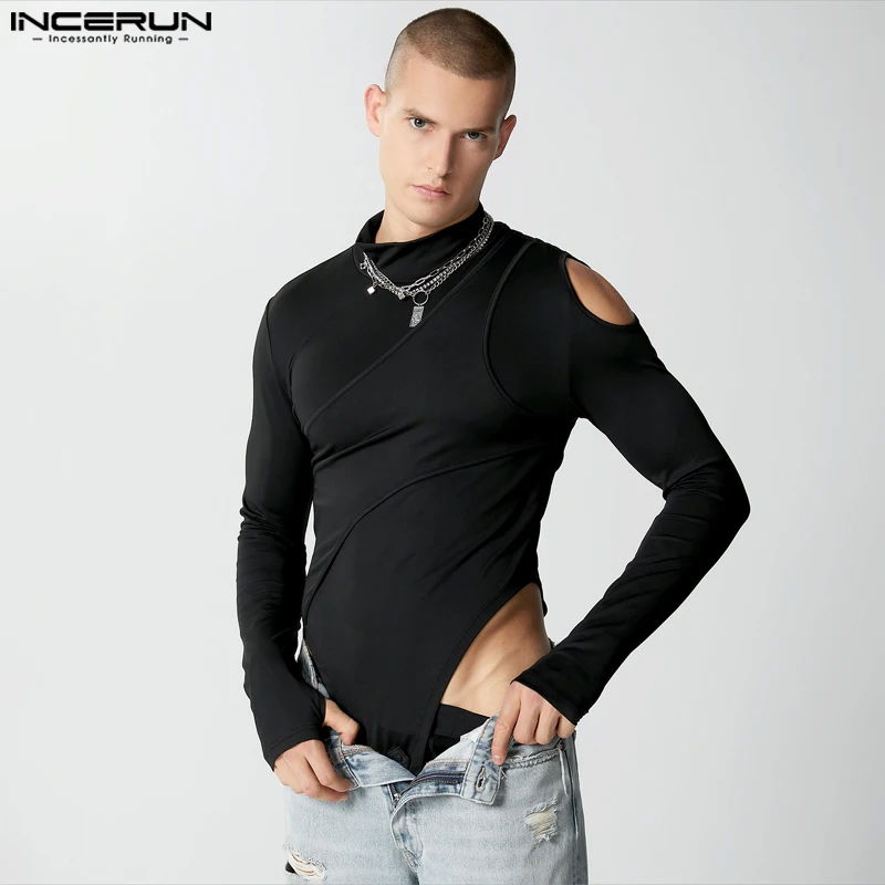 

2023 Men Bodysuits Solid Hollow Out Sexy Turtleneck Streetwear Long Sleeve Male Rompers Fashion Irregular Bodysuit INCERUN S-3XL