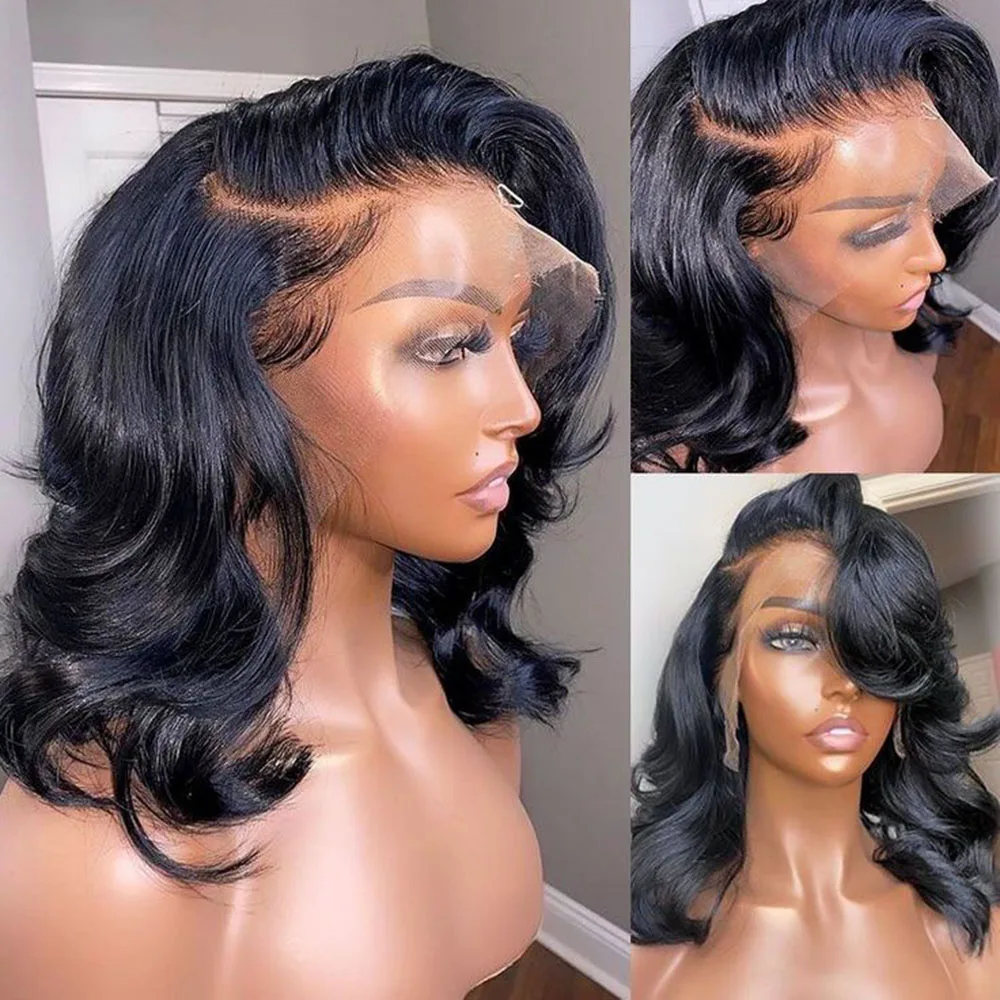 

Short Wave Bob Lace Front Wigs Real Human Hair Wigs With Body Baby Hair Pre Plucked Natural Hairline Wig Natural Black Color