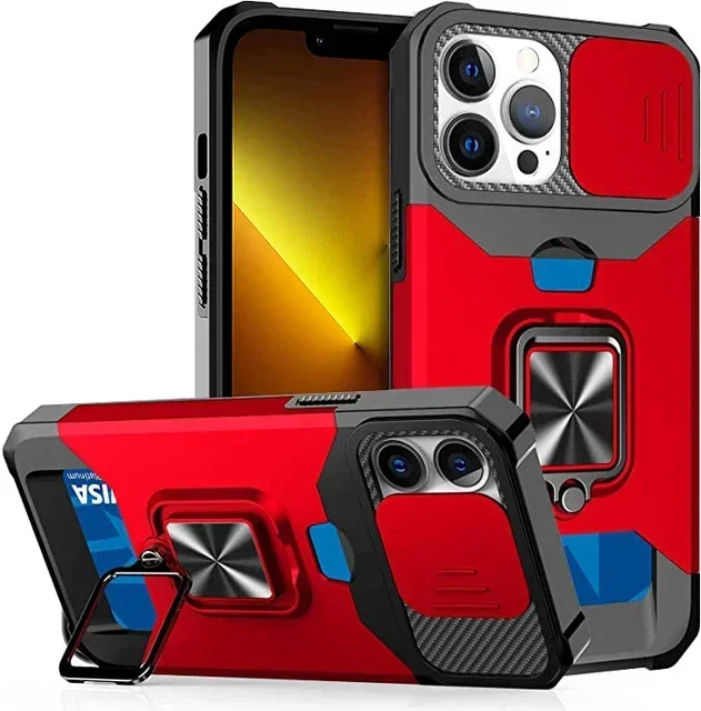 Shockproof Armor Phone Case with Card Slot, Ring Holder, and Slide Camera Cover
