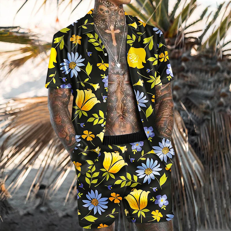

Summer Men Hawaiian Sets Floral Print Short Sleeve Button Shirt Beach Shorts Holiday Men's Two Piece Suit Cardigan High Quality