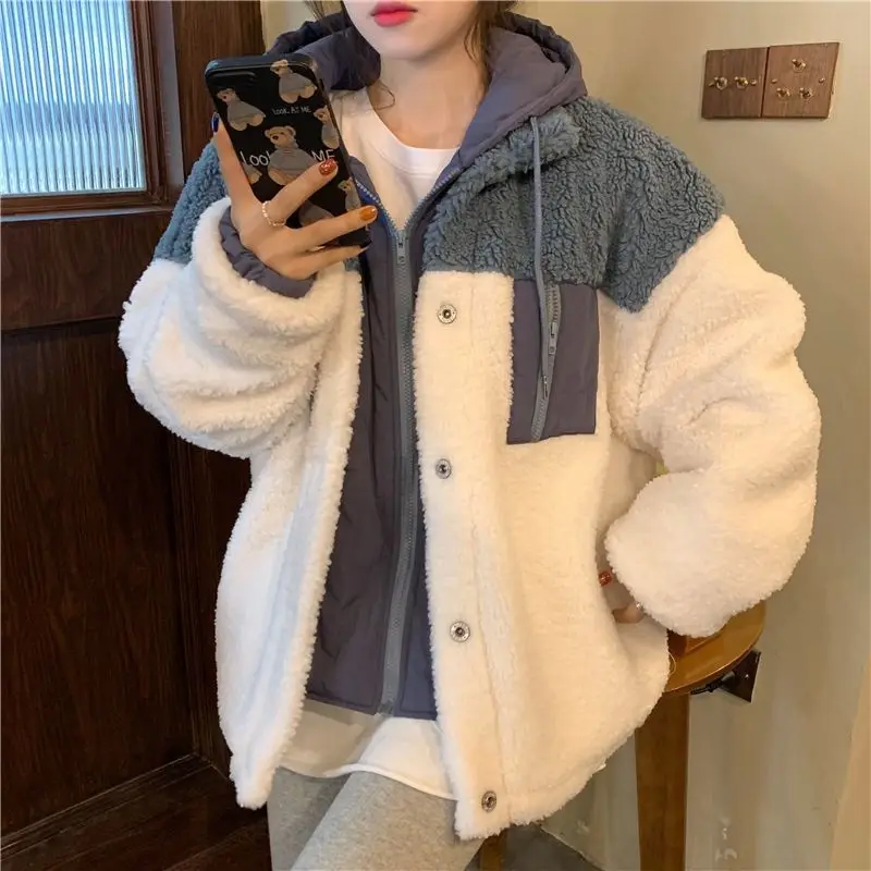 

Harajuku Jackets Korean Style Streetwear Oversized Button College Jacket Lamb Wool Fleece Coat All-match Couple Clothes 2023