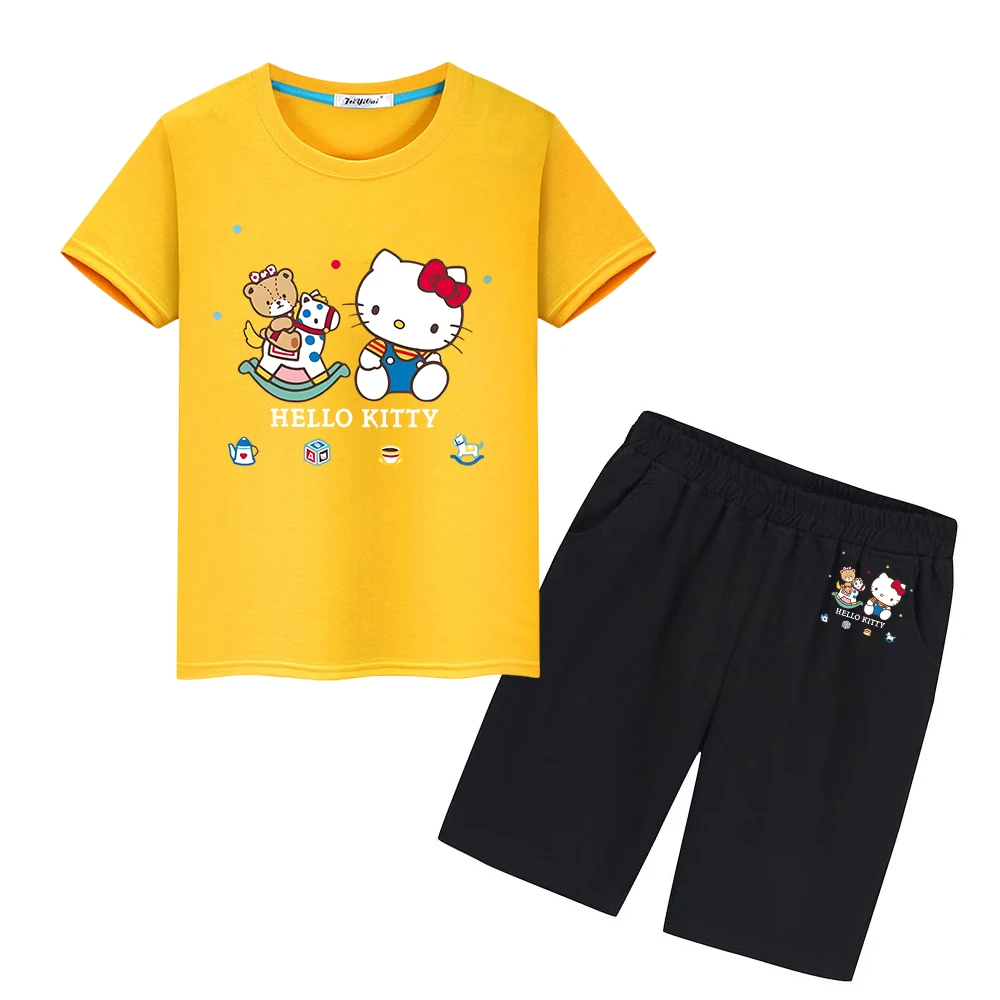 

hello kitty Summer Print 100%Cotton Cute T-shirt Kawaii Sports Sets Anime Tshirts Tops+shorts boys girl clothes kid holiday gift