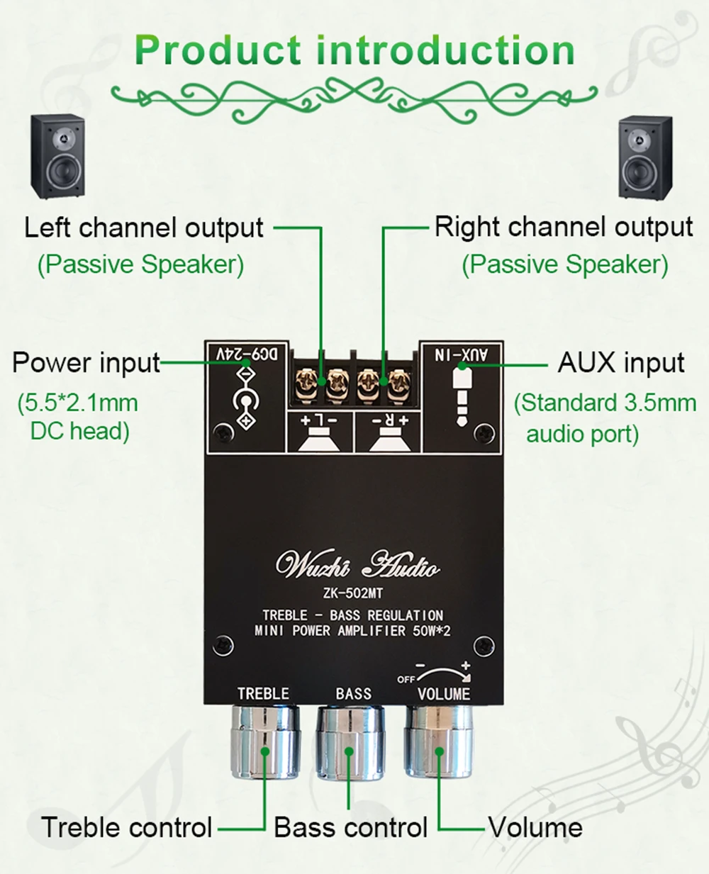 ZK-502MT AUX 블루투스 5.0 서브우퍼 앰프 보드 2.0 채널 50W*2 오디오 스테레오 사운드 앰프 보드 베이스 앰프 보드