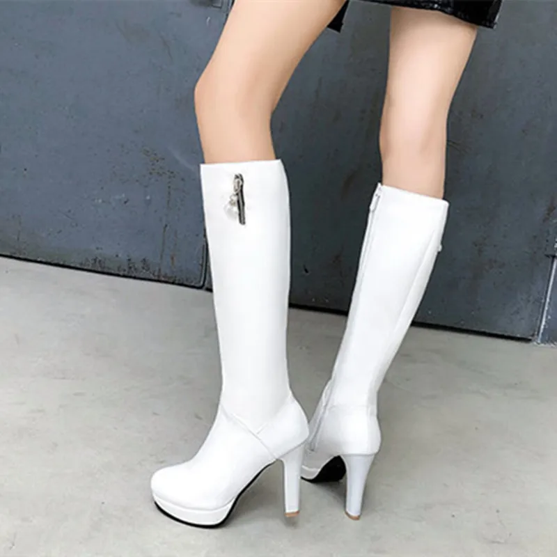 

Cresfimix Women Fashion Classic White Leather Side Zipper Mid Calf High Heel Boots for Autumn & Winter Party Black Shoes A669