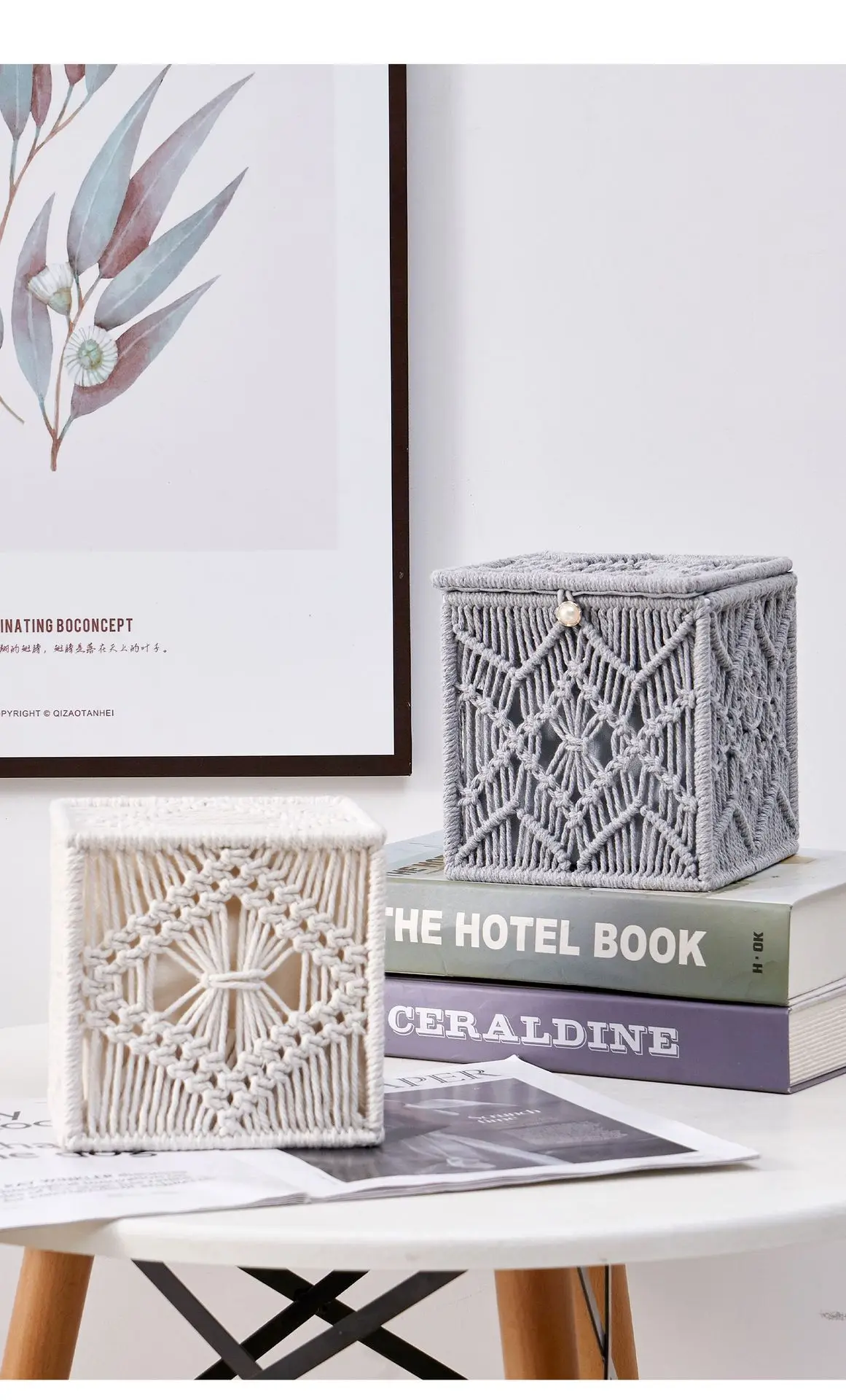 Tissue Box Cover with Square Open-bottom Tissue Box Holder Bohemian Handmade Woven Organizer Living Room and Office