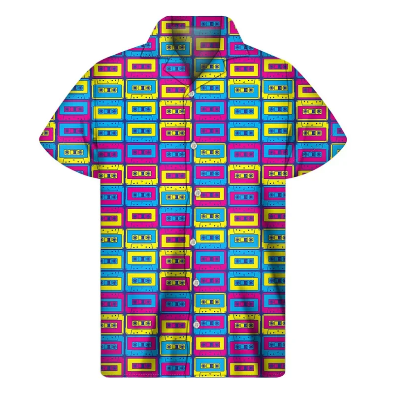 2024 Retro Music Tape Record 3D Print Shirt Summer Hawaiian Shirts Men Y2k Tops Street Lapel Aloha Blouse Button Short Sleeves 2