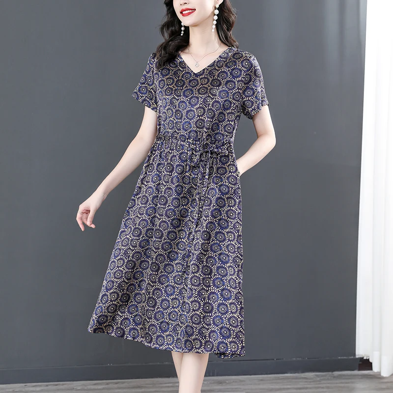 

2023 New Fashion Silk Printed Dress Women's Summer V-neck Vintage Short Sleeve Loose Fit Casual Holiday Dress Vestidos