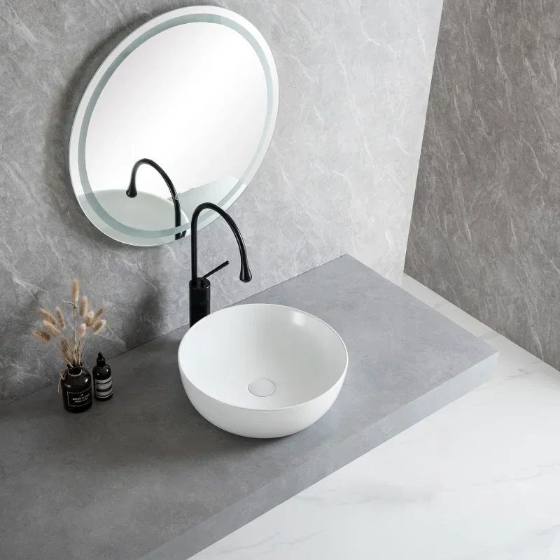 Bathroom Bar White Ceramic Sink Counter Round Bowl White Countertop Sink Art Basin with Silver Faucet Drain