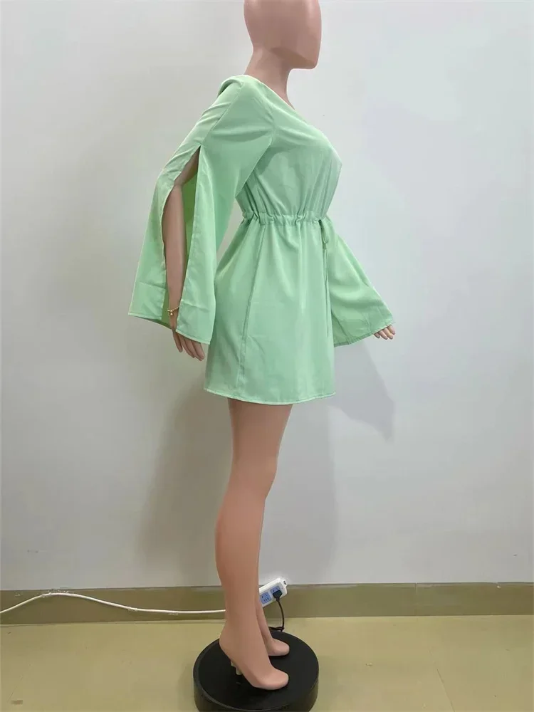 Wmstar Women Dress Autumn Fashion Solid Color Split Sleeve Drawstring Waist Long Sleeve Casual Dresses Wholesale Dropshipping