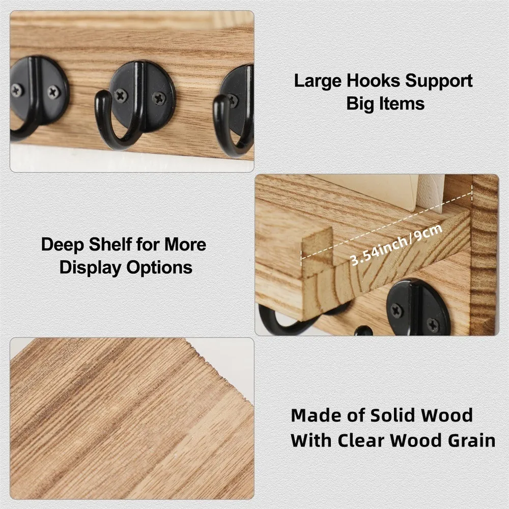 Key and Mail Holder Home Decor Wood Wall Organizer with 5 Hooks and Shelf for Bags Dog Leash Wall Decor for Living Room Entryway 4
