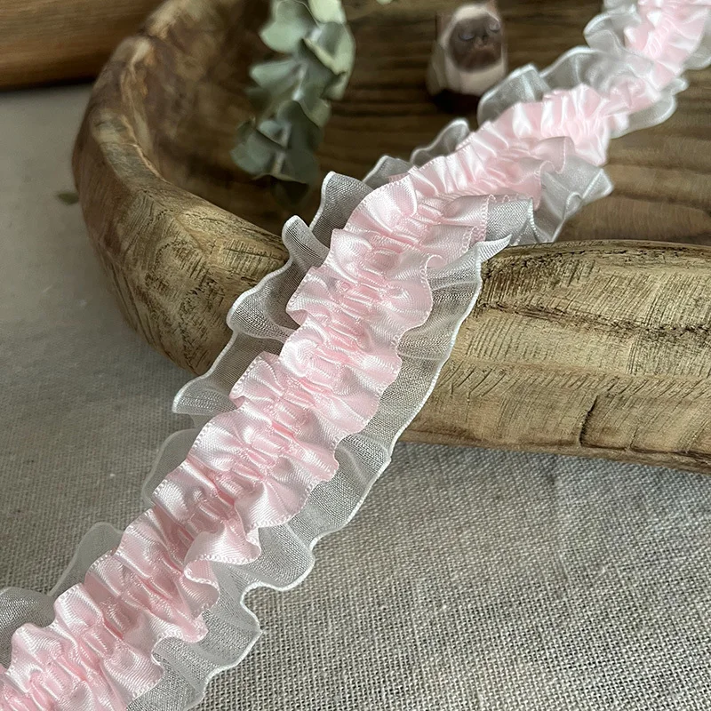 Lace Ribbon 4CM Wide White Organza Pink Blue Pleated Satin Elastic Ruffle Trim Dress Collar Neckline Sewing Decor