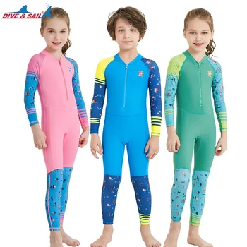 UPF50+ Children Diving Suit Kids Long-sleeve Spandex Anti-UV Thin Style Boys Girls Surfing Jumpsuit Swimwear Wetsuit Kayak 1