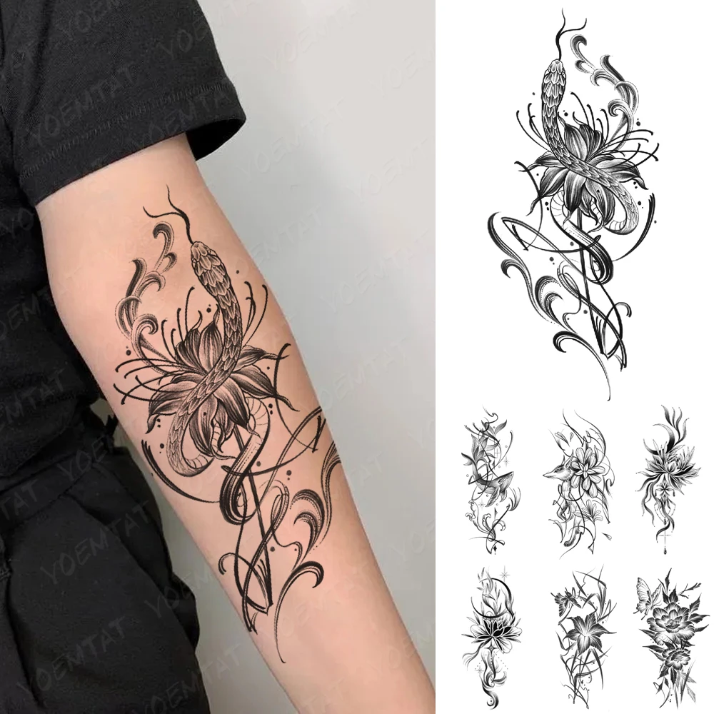 

Waterproof Temporary Tattoo Sticker Black Snake Cobra Whale Fox Lotus Flower Flash Tattoos Fake Tatoo Arm Women Men Body Art