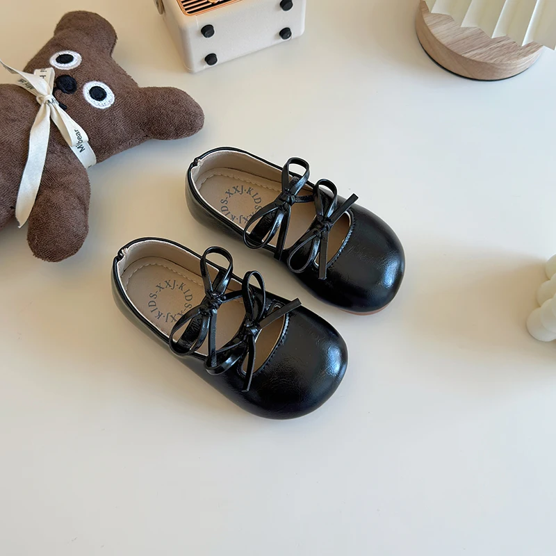 Girls Leather Shoe for Party Wedding Classic Children Flats Princess Shoes with Bow-knot Fashion Kids Black Ballet Shoes leather shoes,girls shoes,girls flats