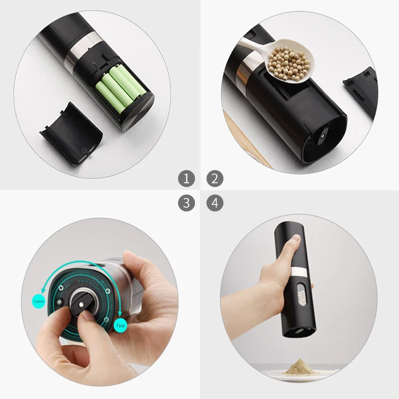Electric Salt and Pepper Grinder Adjustable Coarseness Automatic Spice Grinders Pepper Mills With Led Light Grinding Tool 1/2pcs