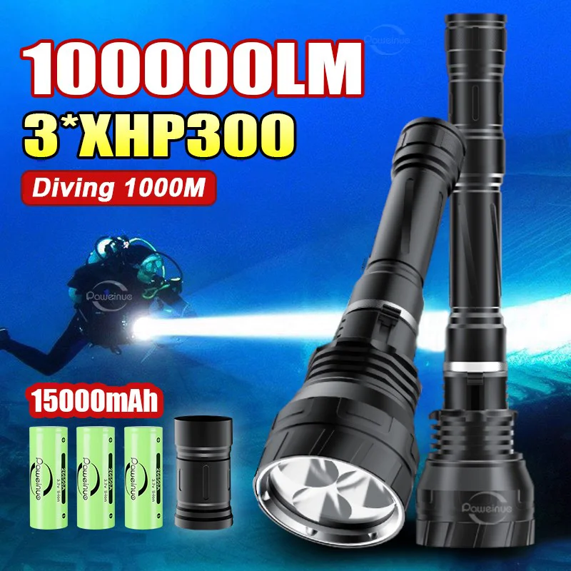 High Power LED Diving Flashlight 3*XHP300 Professional Diving Torch IPX8 Underwater Super Bright Scuba Diving Flashlight Fishing