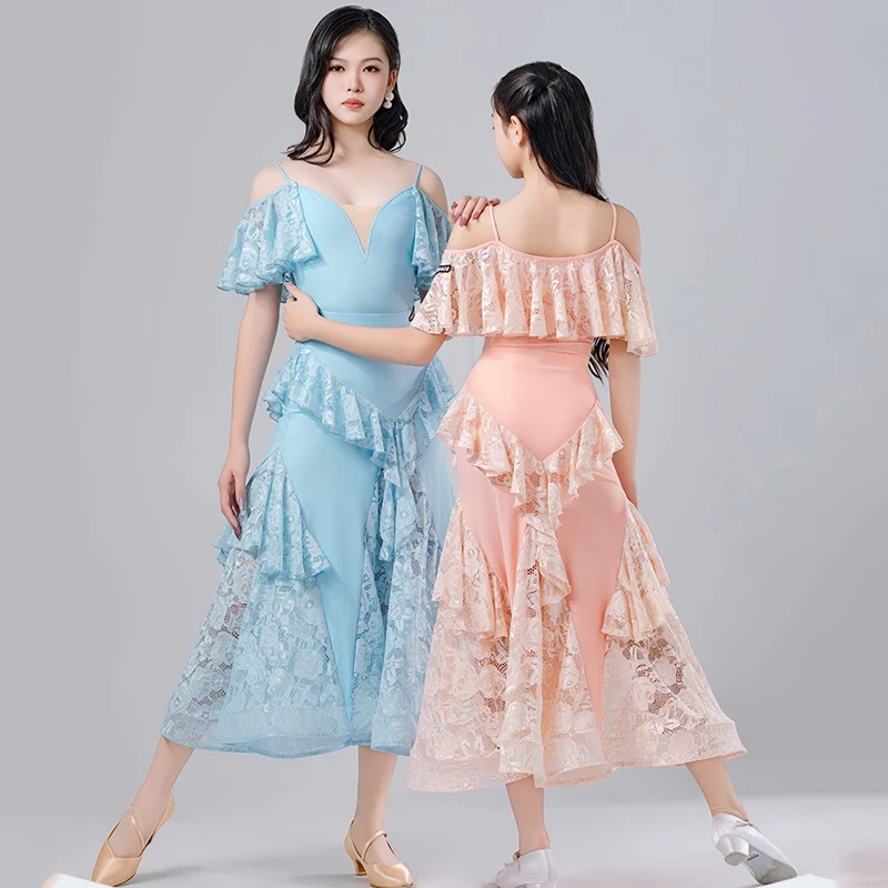 Ballroom Dance Dress For Girls V-Neck Lace Performance Costumes Children Waltz Modern Dance Competition Clothing DQS15695