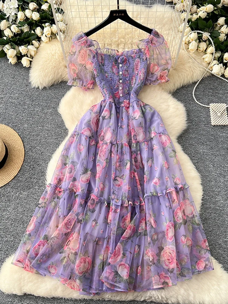 Summer Vintage French Mesh Dress for Women New Waist Cinched