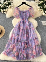 Summer Vintage French Mesh Dress for Women New Waist Cinched Slash Neck Bubble Sleeves Sweet Floral Chiffon Dress Female C146