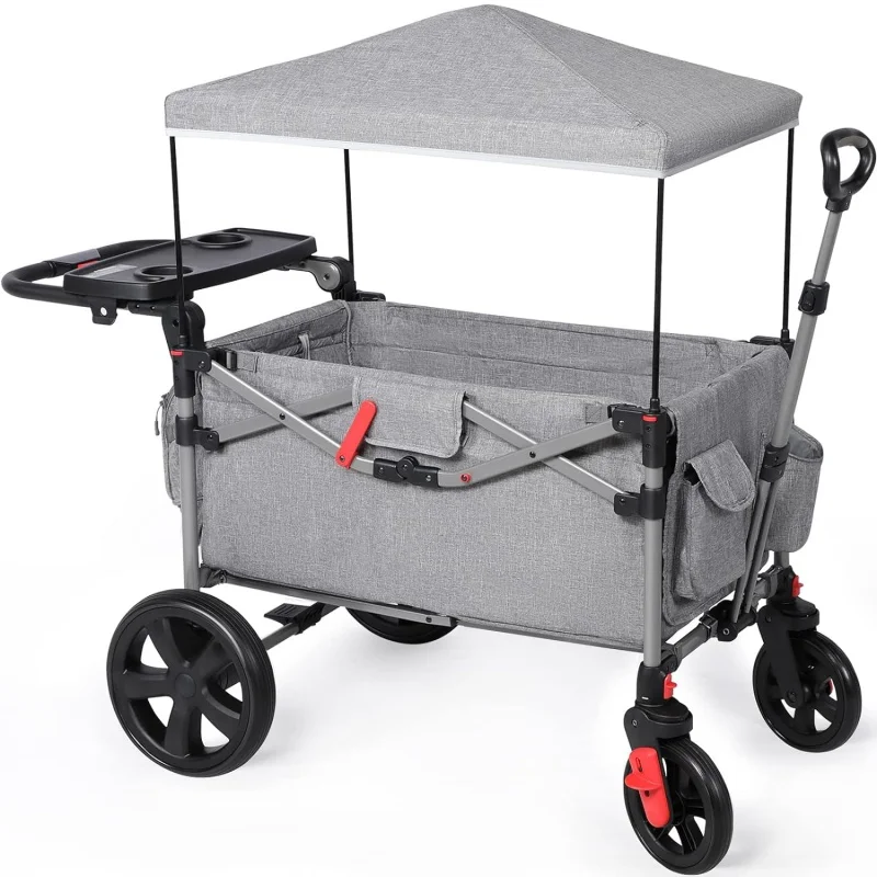 

EVER ADVANCED Foldable Wagons for Two Kids & Cargo, Collapsible Folding Stroller with Adjustable Handle Bar,Removable Canopy