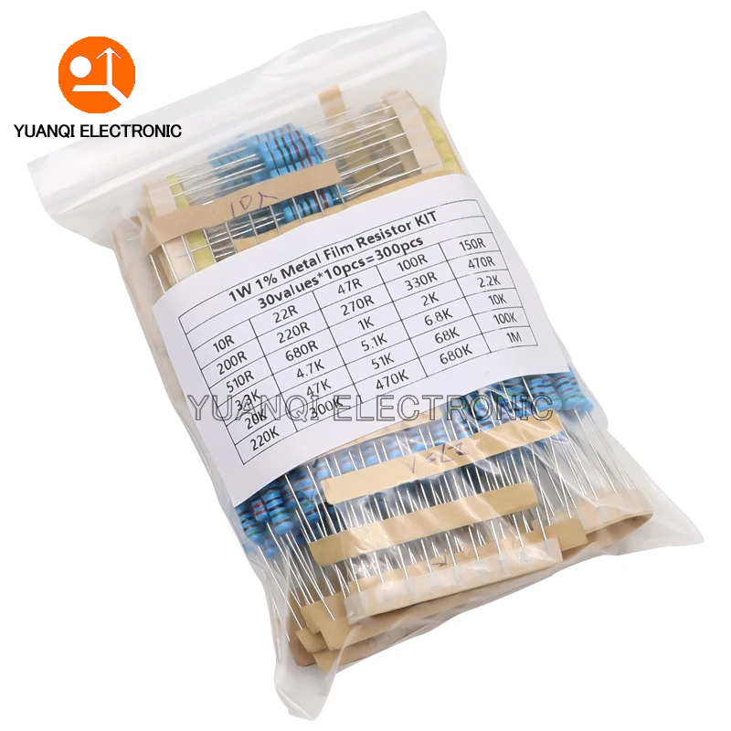 300PCS 10R - 1M Ohm 1/4W 1/2W 1W Resistance Set 1% Metal Film Resistor Assortment Kit 30Kinds*10pcs=300PCS