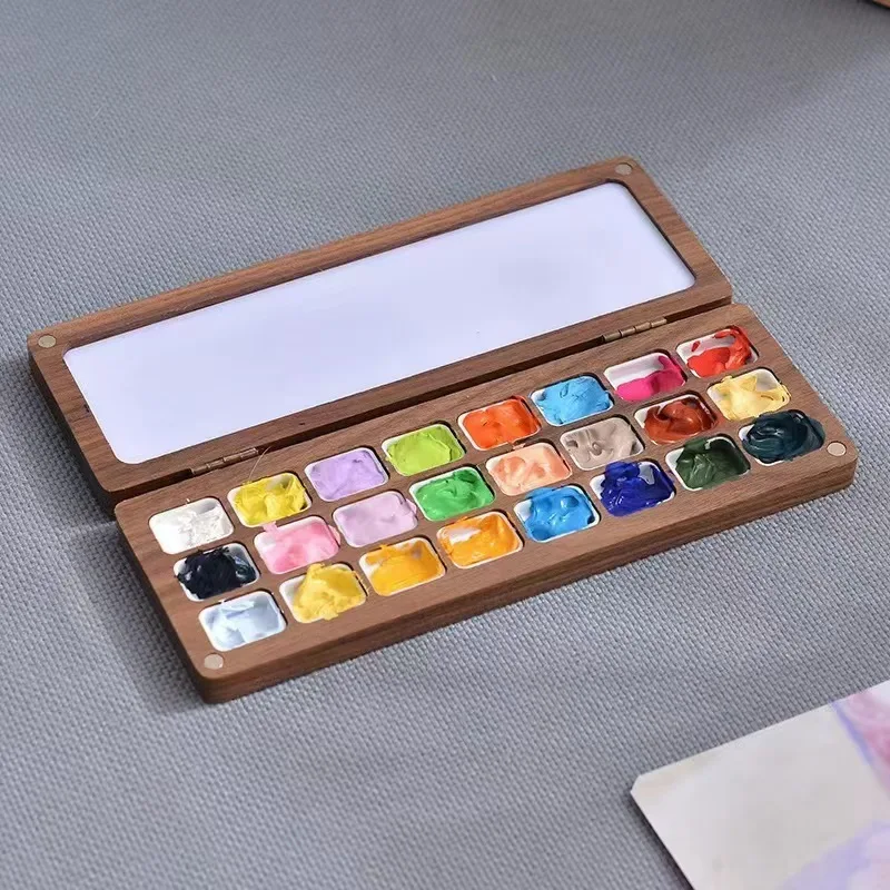 Empty Watercolor Palette Travel Portable 24Grid Walnut Paint Box Watercolor Storage Artist Painting Art Supplies
