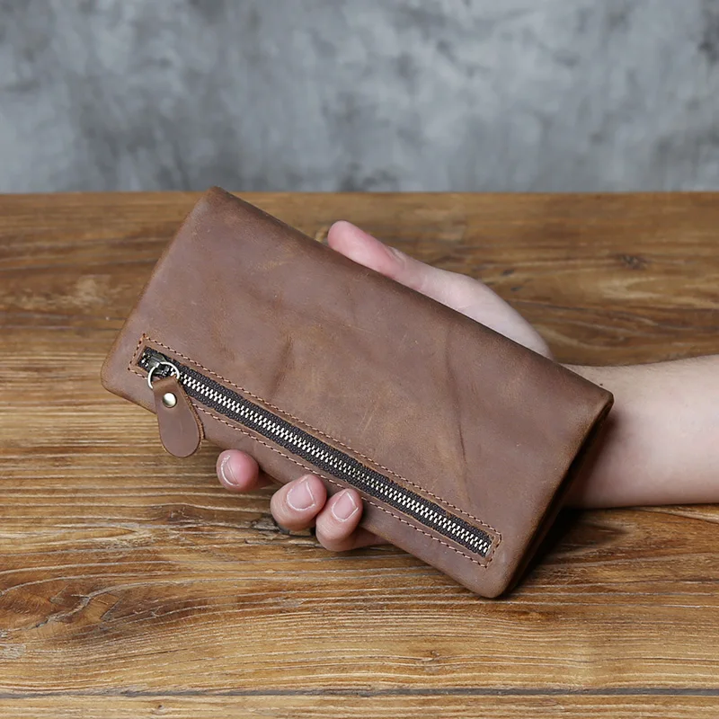 NZPJ Retro Genuine Leather Men's Wallet Crazy Horse Leather Clutch BagTop Layer Cowhide Wallet Bank Card Bag For 6.7-inch mobile