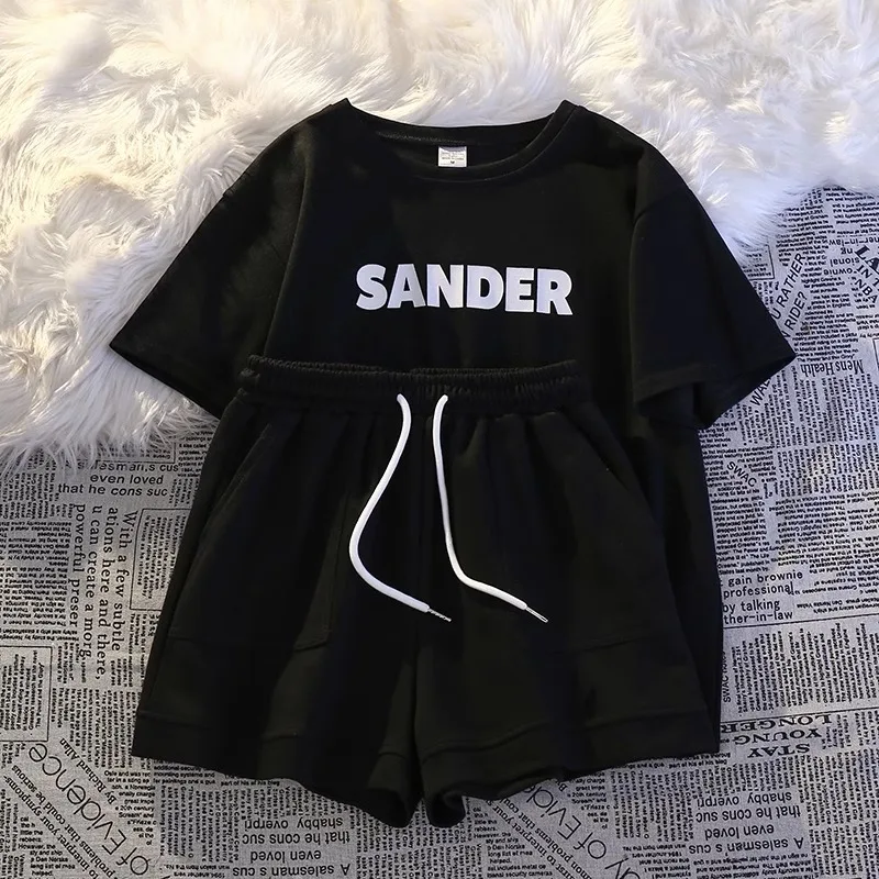 Korean Loose Perppy Letter T-Shirt Straight Summer Beach Vacation Shorts Print Baggy Kpop Pockets Short Sleeve Cotton Outfits