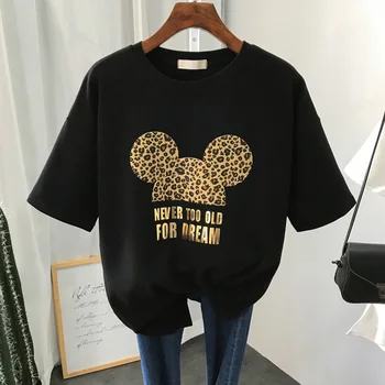 Gold Letter Grapic Leopard T-shirts Women Summer Loose Harajuku Female Black White T Shirt New Casual Women's Clothing Korean 1
