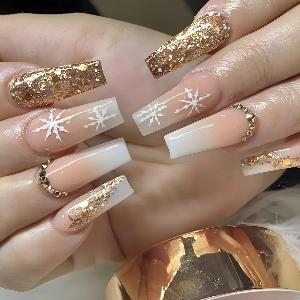 

3D fake nails accessories christmas ballet tips snow flakes with gold glitter rhinestones faux ongles press on false nail set