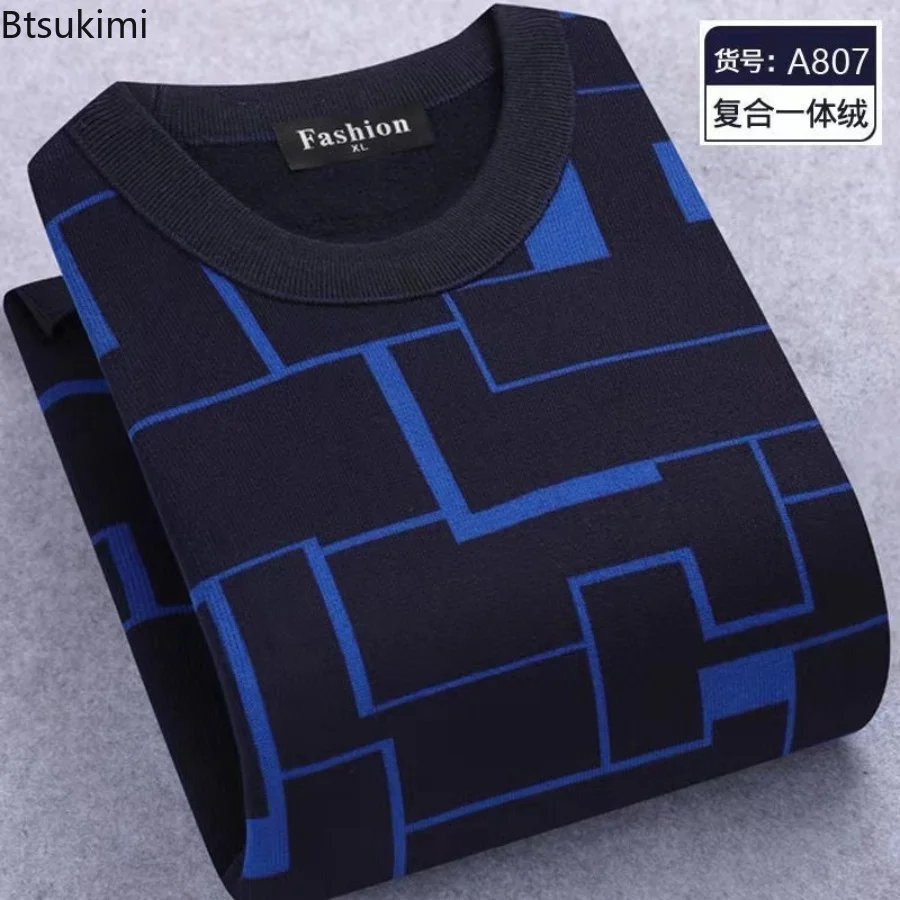 

New 2023 Men's Fleece Sweater Fashion Striped Thick Fleece Cotton Sweater Pullovers Male Outfit Vintage O-Neck Coat Sweater Man
